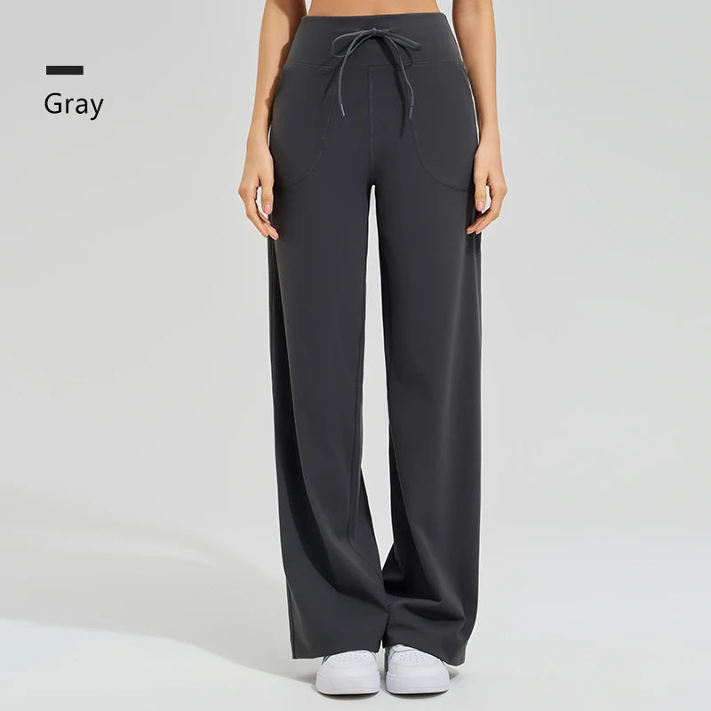 Women's Drawstring Waist Nylon Blend Wide Leg Workout Pants with Pockets