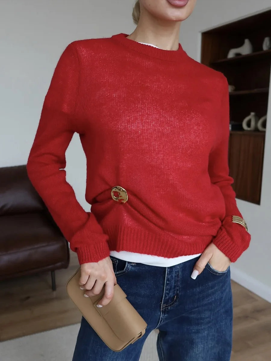 Women's Sheer Crew Neck Long Sleeve Sweater Casual Knit Layer