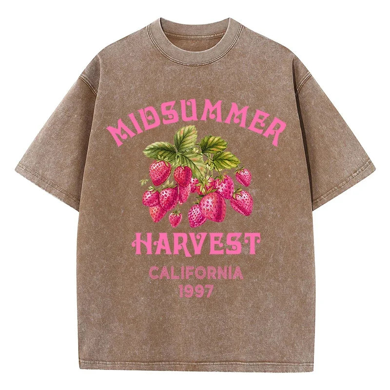 Men's Cotton T-shirt Strawberry Printed Washed T-shirt Comfortable Round Neck Top Men's Summer Clothing