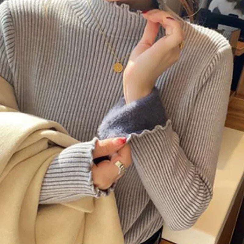 Women's Ribbed Mock Neck Flare Cuff Sweater Casual Knit Layer