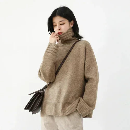 Women's Oversized Roll Neck Long Sleeve Sweater Casual Knit Layer