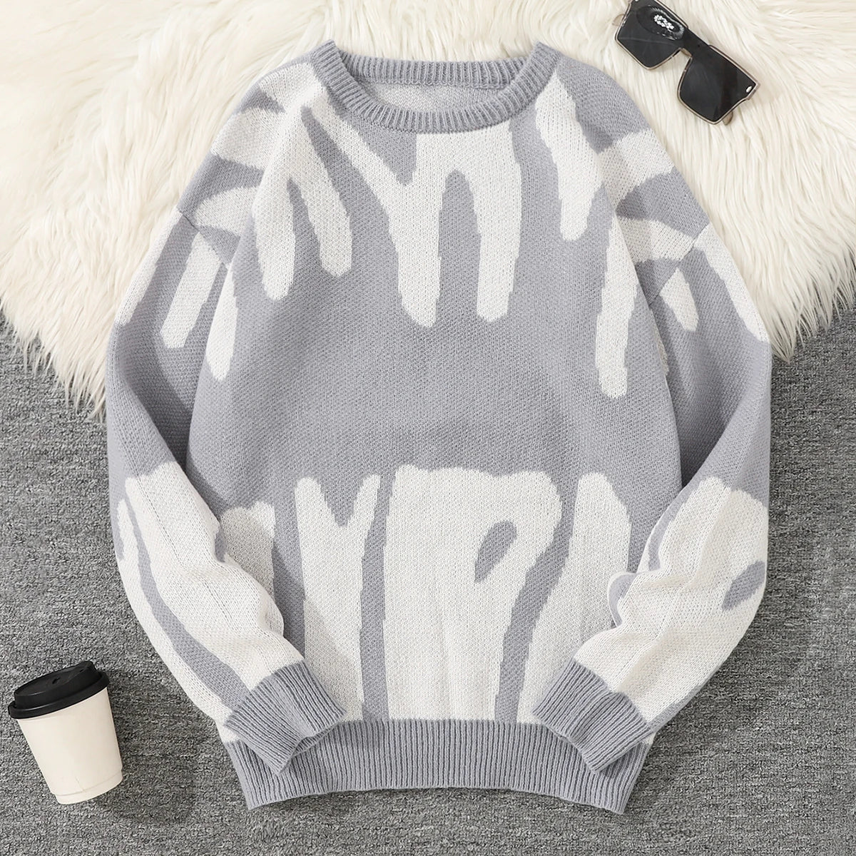Men's Abstract Pattern Crew Neck Knit Sweater
