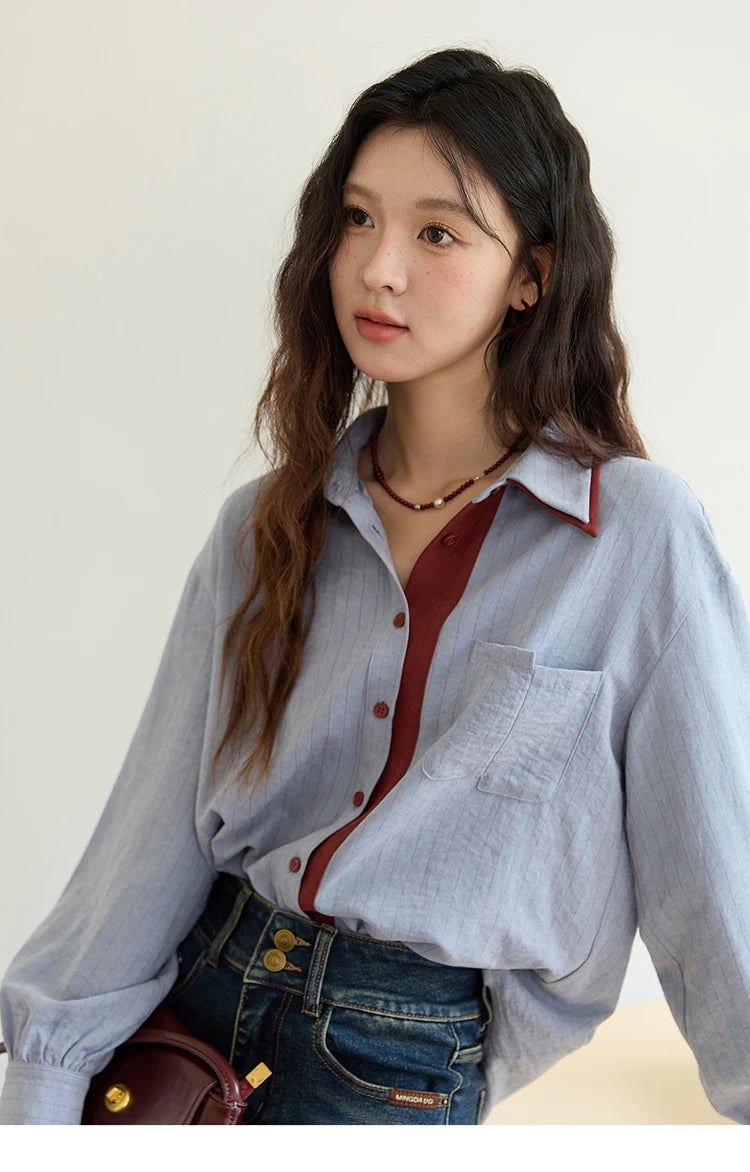 Women's Striped Shirt with Contrast Collar and Buttons