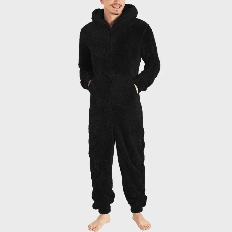 Men's Hooded Zip Front Long Sleeve Plush Pajama Jumpsuit