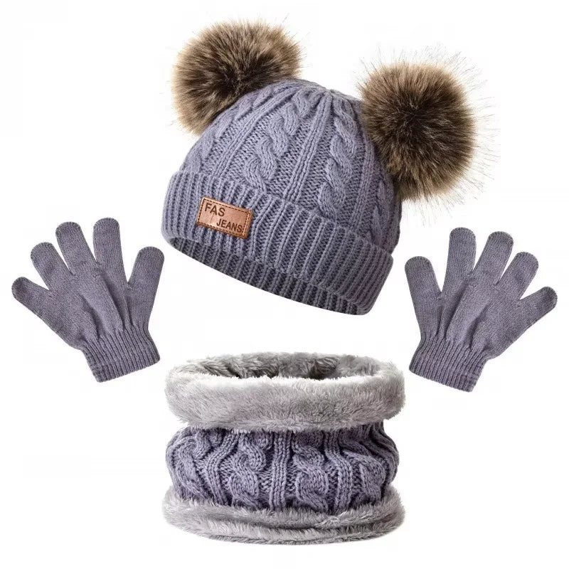 Children's Pom-Pom Hat Scarf and Gloves Knitted Set for Winter Wear