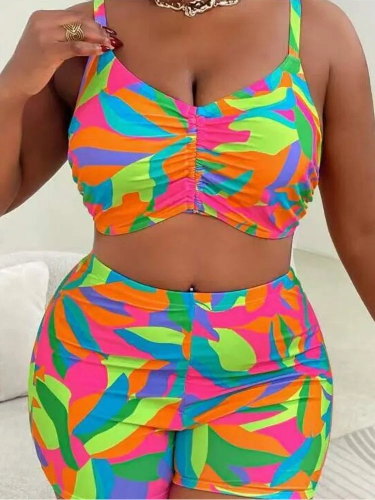 Women's Colourful Printed Bikini Shorts Set with Matching Cover Up