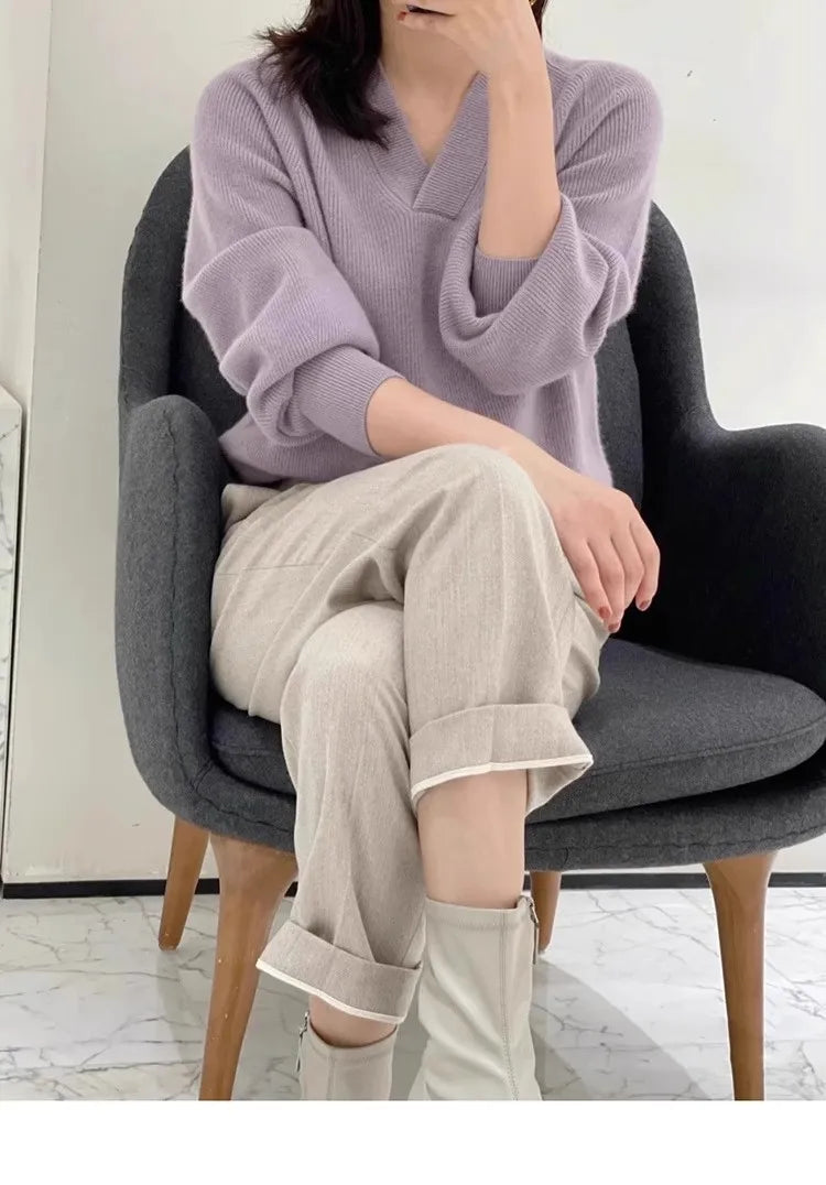 V-neck pure cashmere sweater women autumn and winter loose and versatile knitted sweater short wool base layer