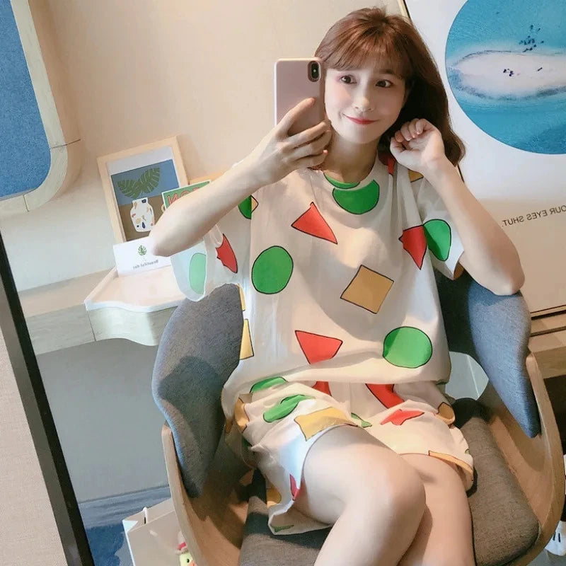 Women's Geometric Print Short Sleeve Pajama Set with Top and Shorts