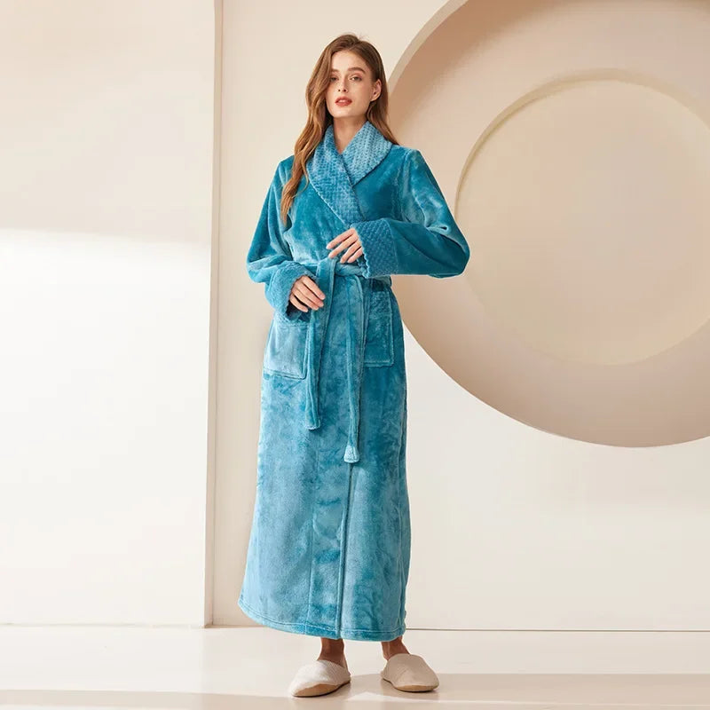 Long Flannel Fleece Tie Waist Bathrobe with Pockets