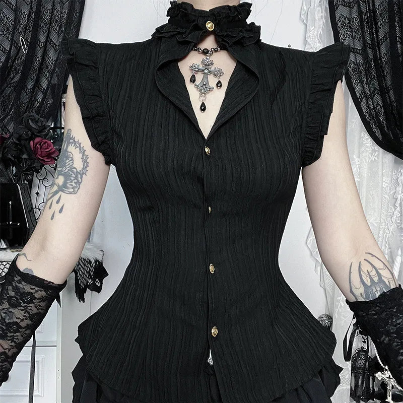 Women's Fitted Ruffled Sleeveless Button Front Vest