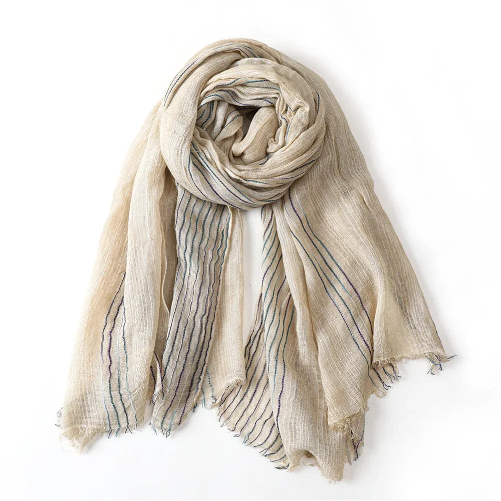Striped Long Scarf with Decorative Frayed End Trim