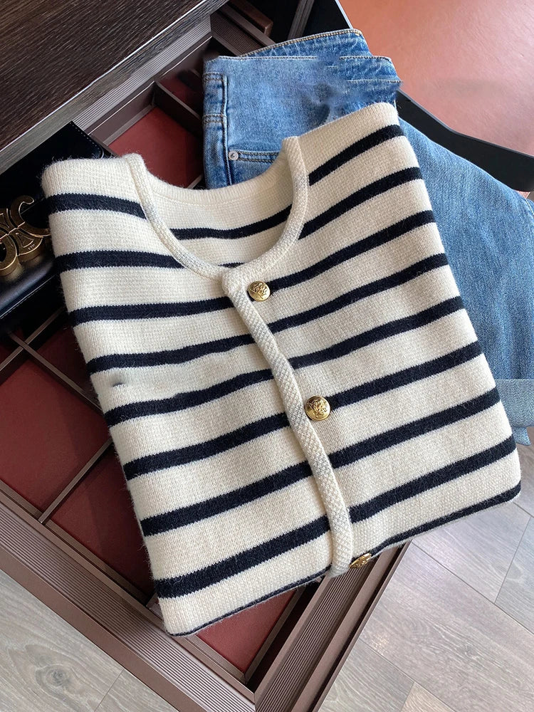 Women's Striped Crew Neck Button Front Cardigan Casual Knit Layer