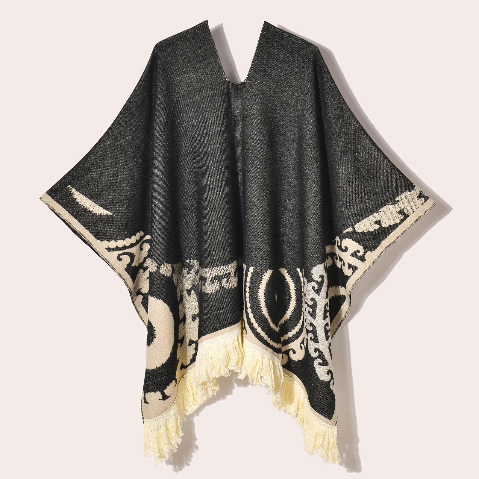 Geometric Pattern Fringe Poncho for Layering over Outfits