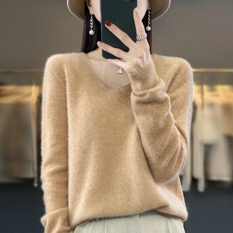 Women's V Neck Long Sleeve Sweater Casual Knit Layer
