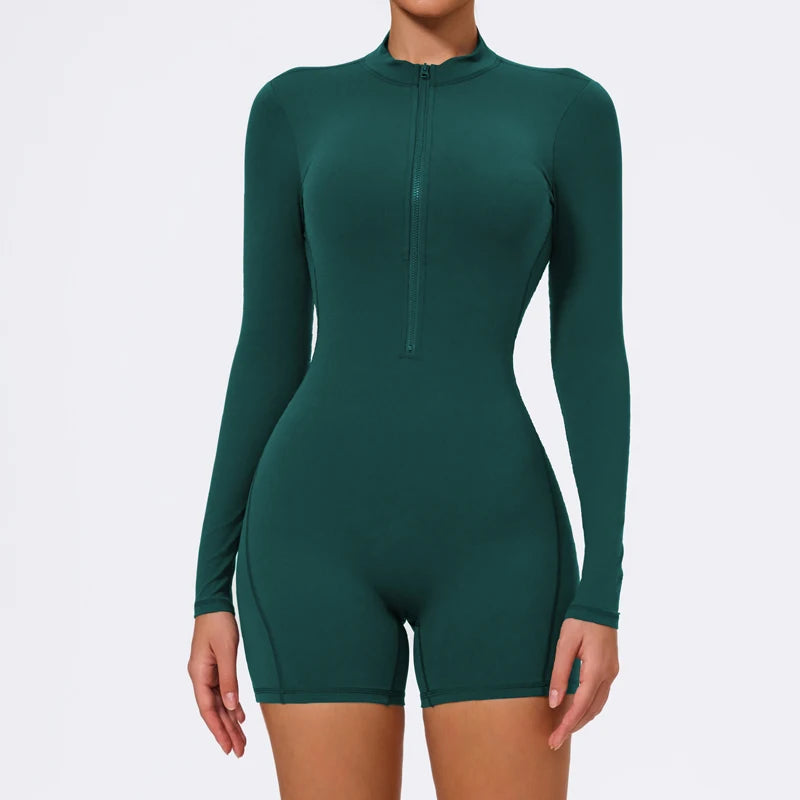 Women's Long Sleeve Nylon Blend Workout Romper with Zipper and Open Back