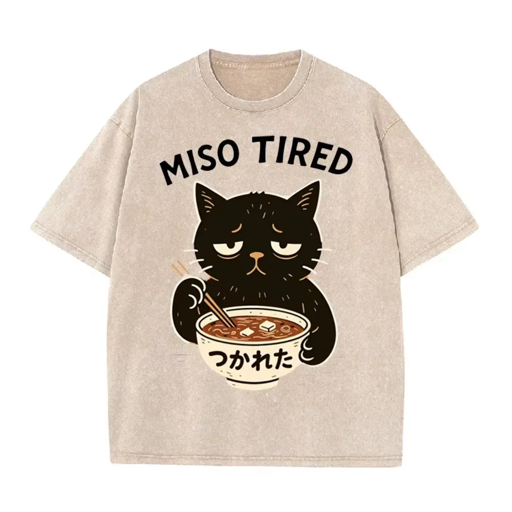 Vintage Washed Purple Miso Tired Black Cat Miso Soup Casual T Shirt