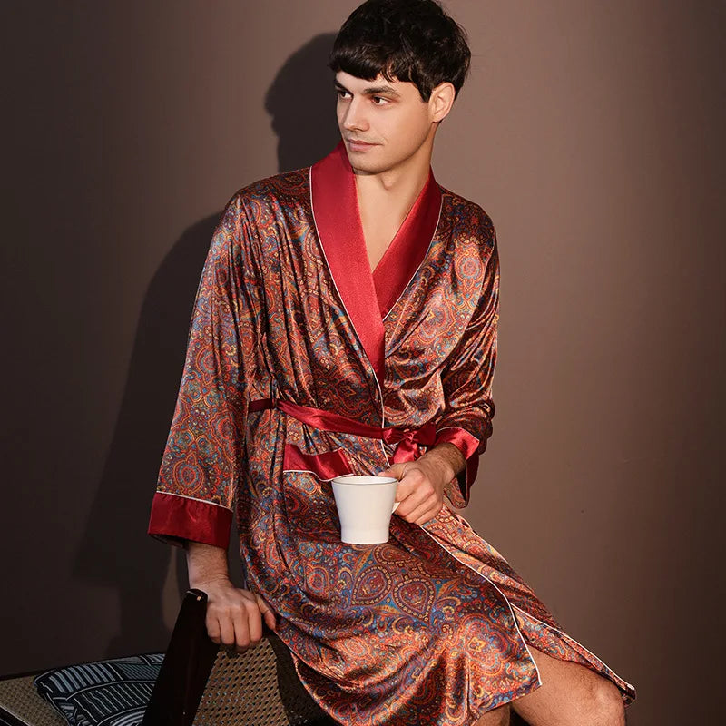 Men's Printed Long Sleeve Tie Waist Lounge Bathrobe