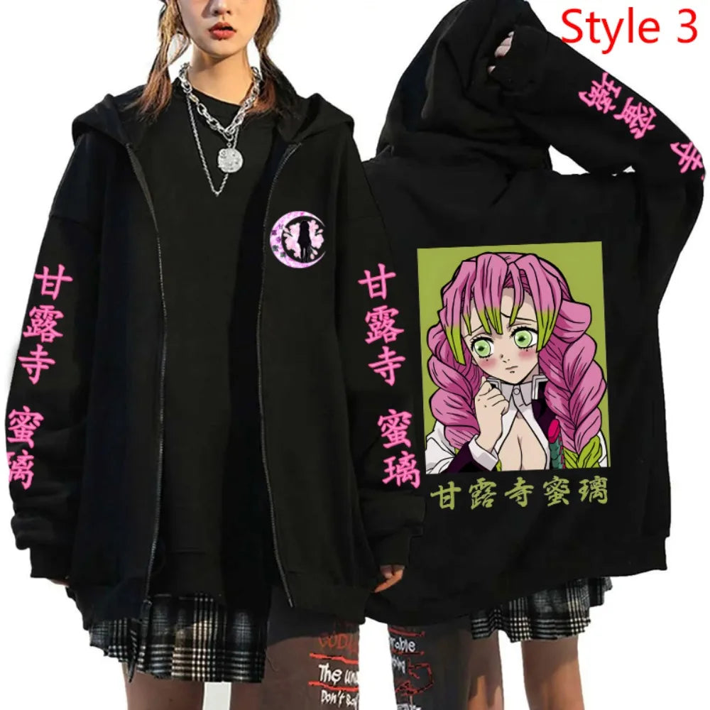 Anime Kanroji Mitsuri Print Hoodie Cartoon Zipper Pullover Long Sleeve Harajuku Sweatshirt