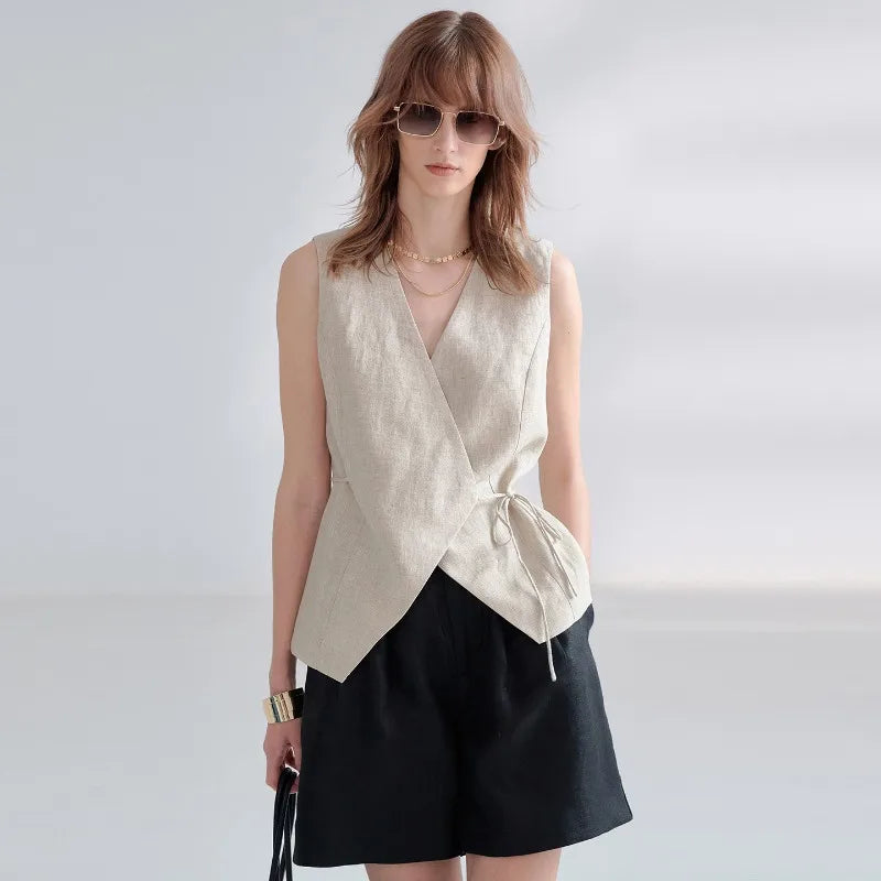 Women's Linen Sleeveless V-Neck Vest Top with Waist Tie for Summer Outfits