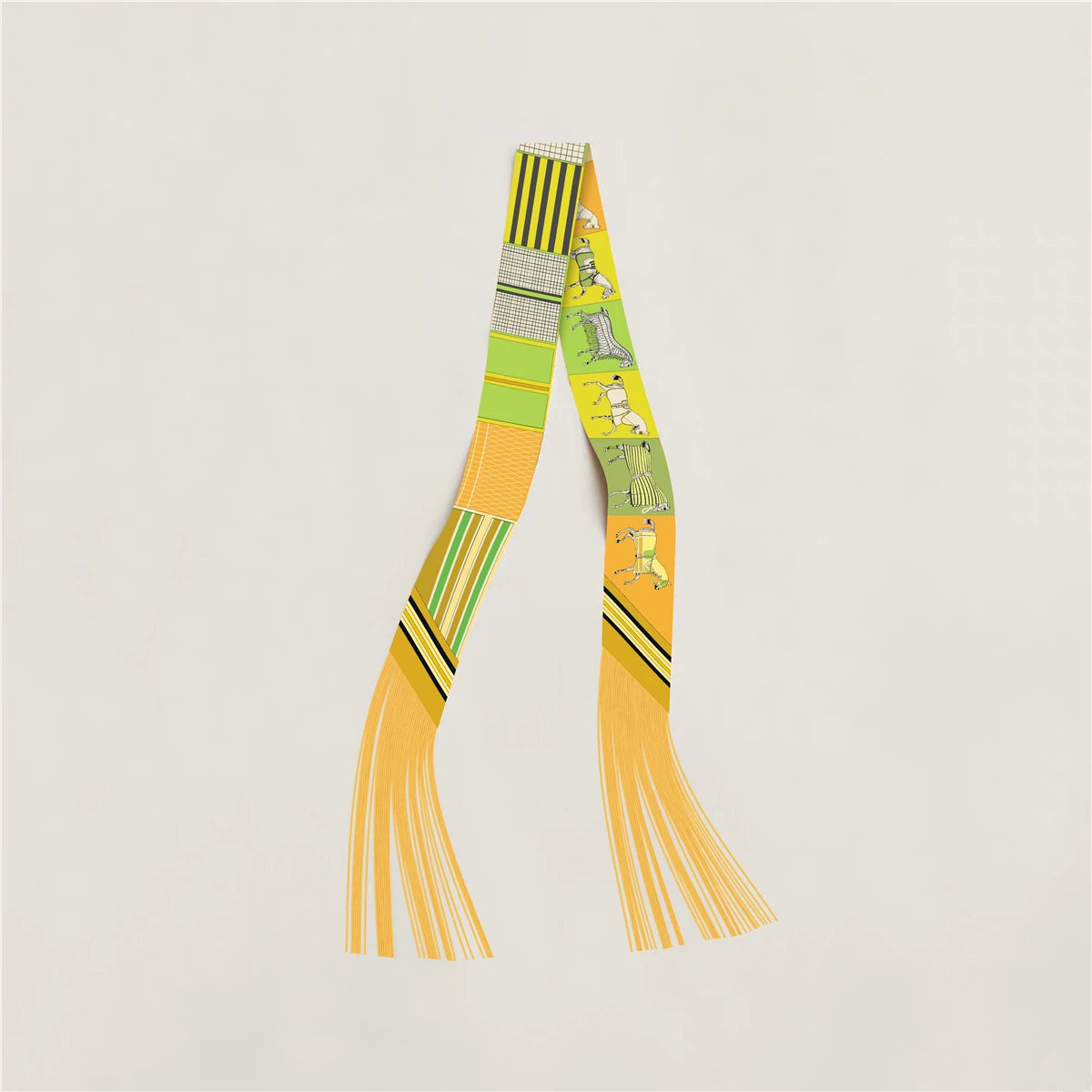 Printed Narrow Ribbon Scarf with Decorative Fringed Ends