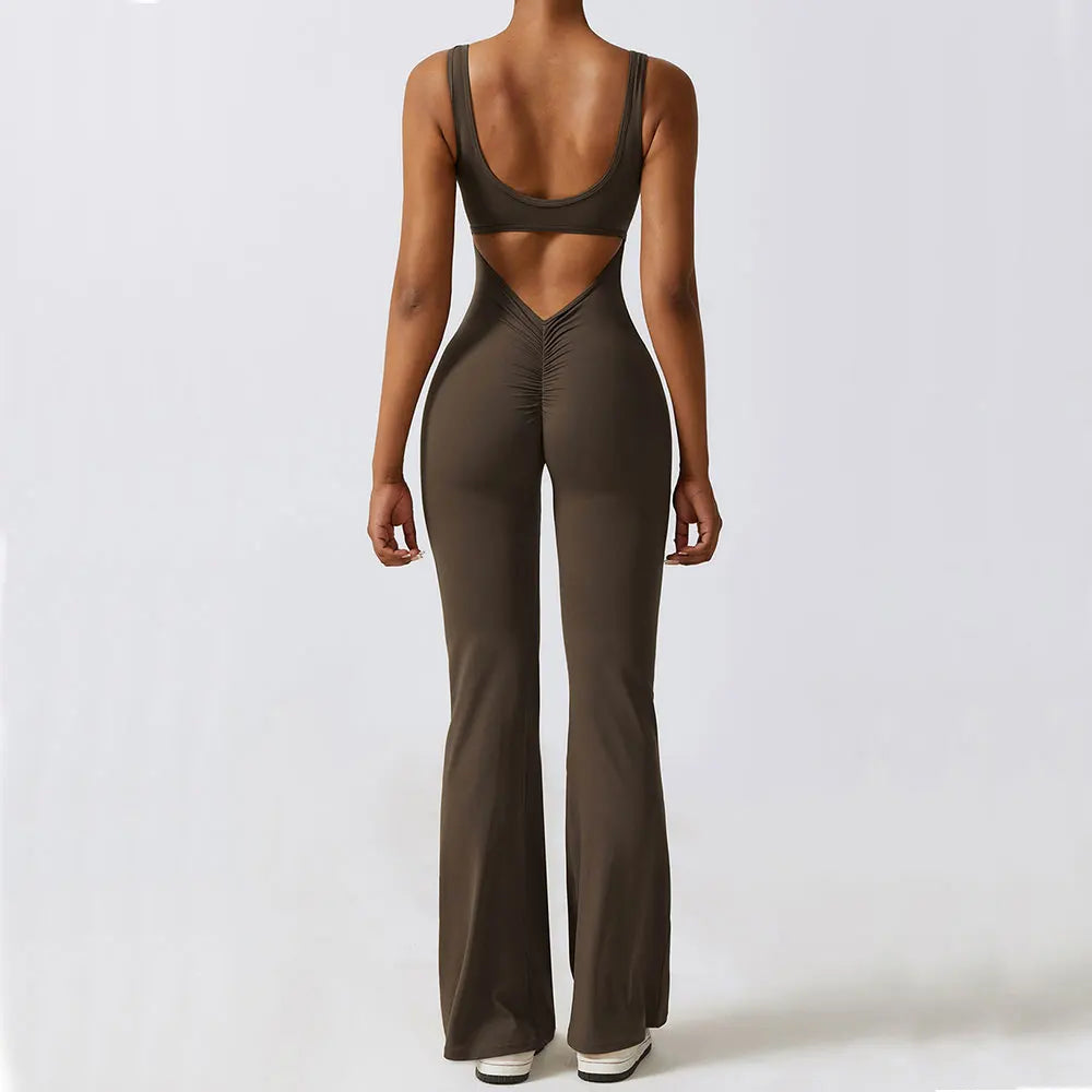 Women's Sleeveless Nylon Blend Flared Workout Jumpsuit with Back Cutout