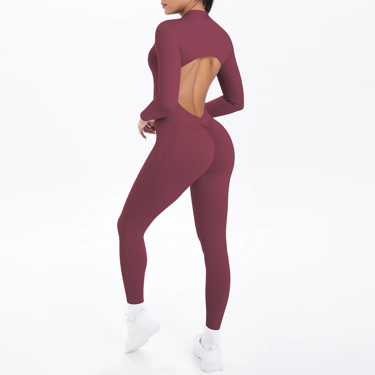 Women's Open Back Nylon Blend Workout Jumpsuit with Zipper and Sleeve Options