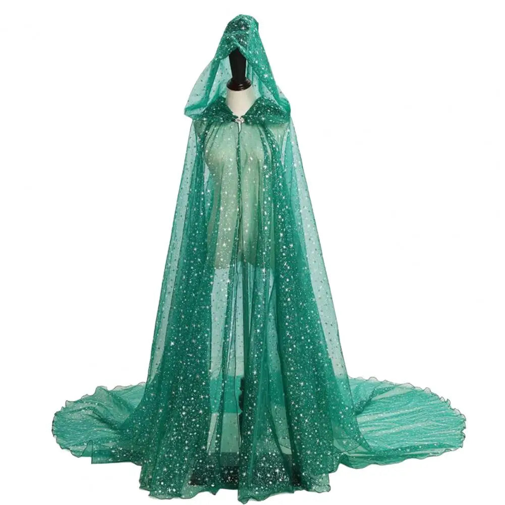 Sheer Hooded Long Train Cape for Layering over Outfits