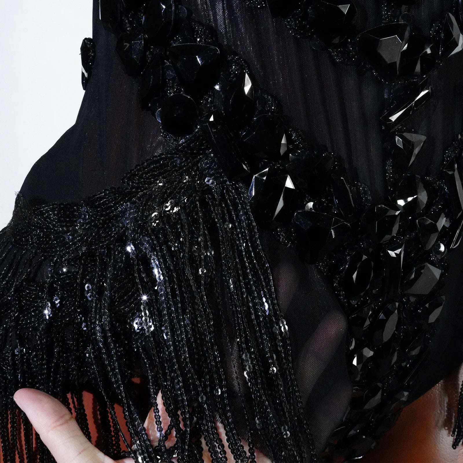 Women's Rhinestone Fringe Mesh Dance Bodysuit for Stage Costume Outfits