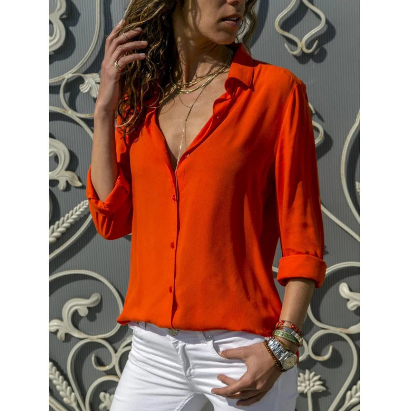 Women's Collared Roll Sleeve Button Front Shirt