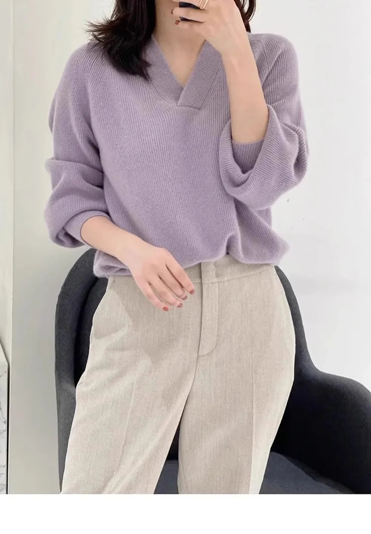 V-neck pure cashmere sweater women autumn and winter loose and versatile knitted sweater short wool base layer