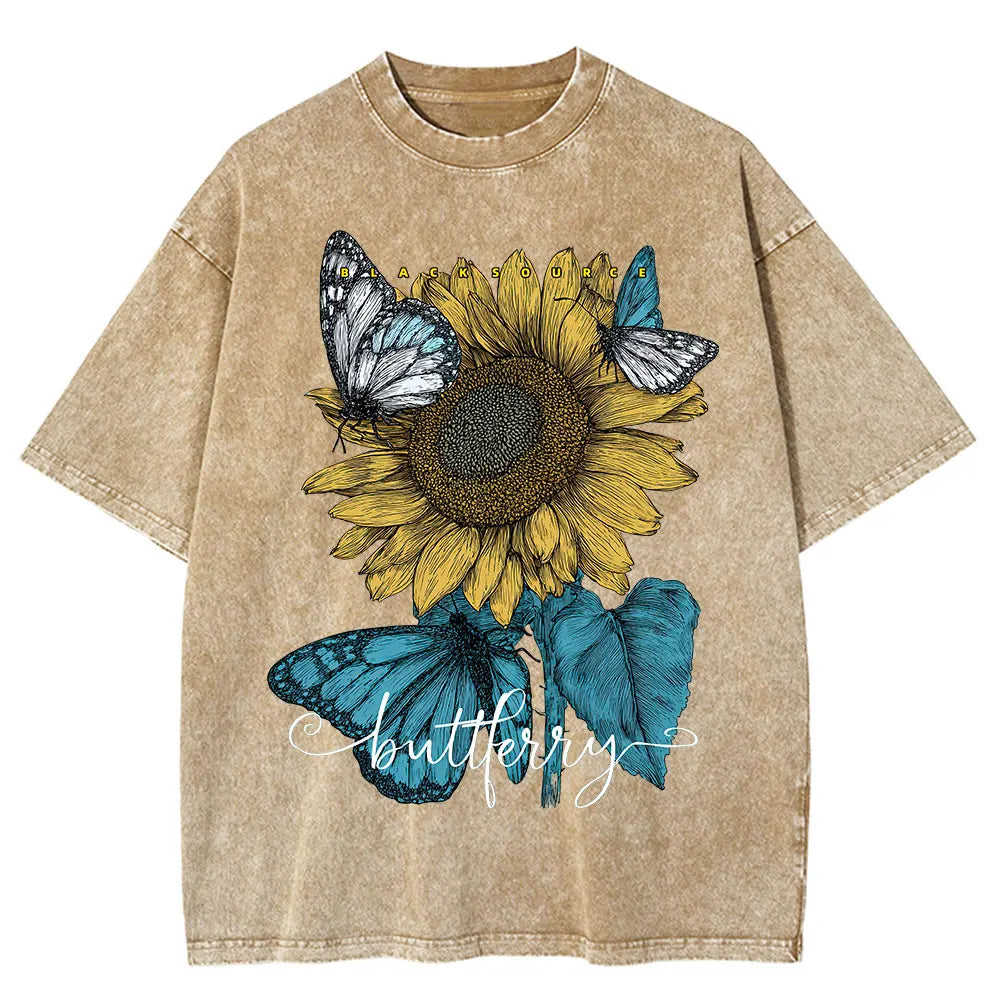 Sunflower Butterfly Print Cotton Oversized T-Shirt Women Summer
