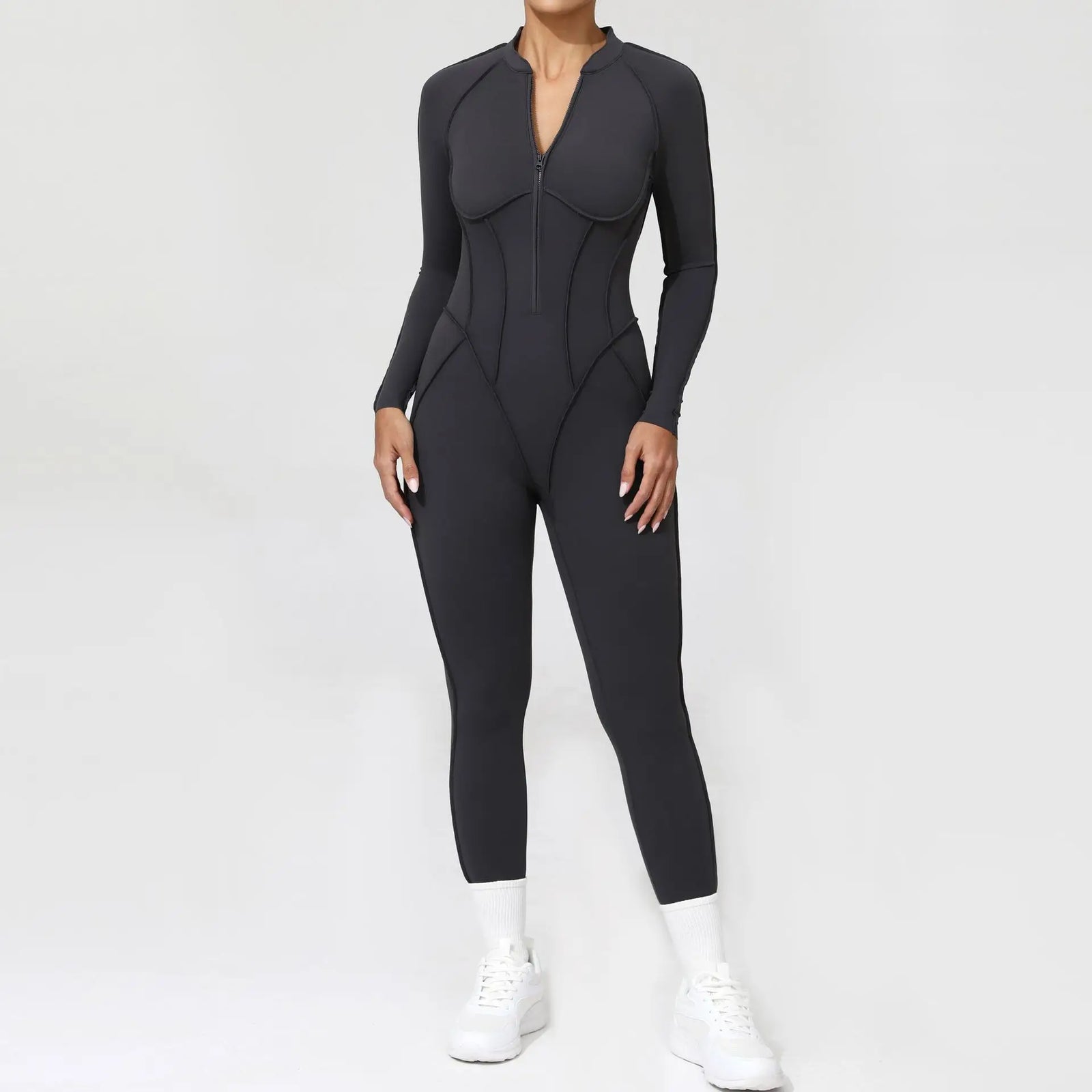 Women's Zip Front Contour Seam Workout One Piece in Long and Short Styles