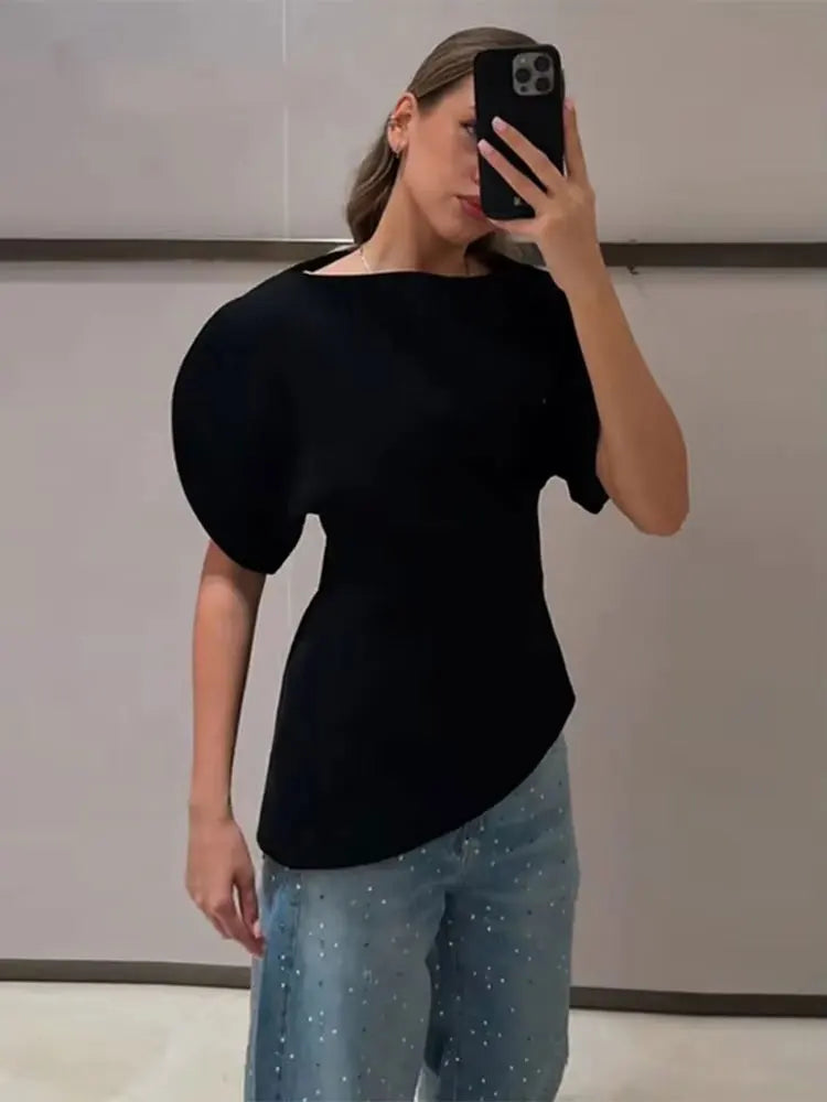 Women's Round Neck Blouse with Short Puff Sleeves and an Asymmetric Hem