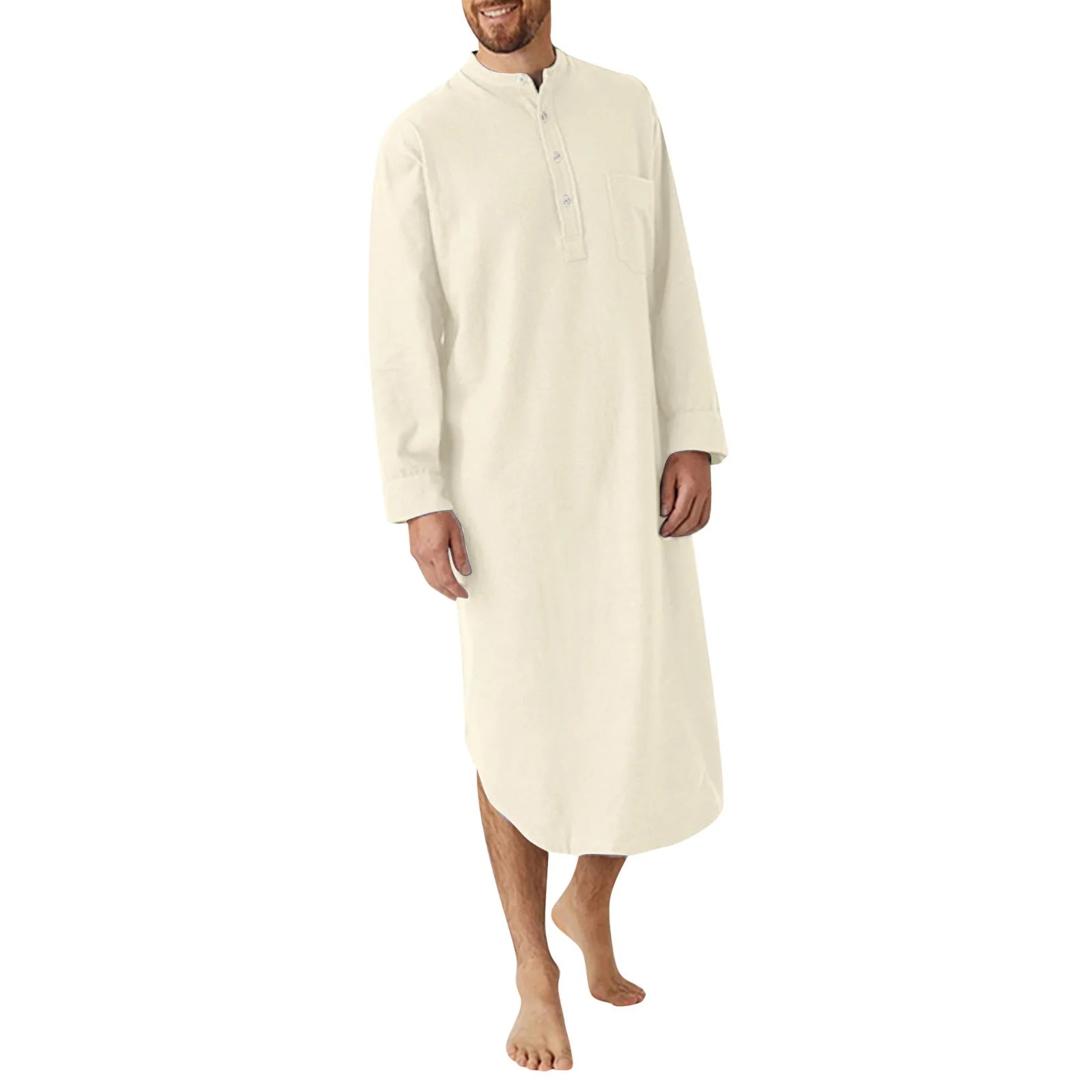 Men's Solid Stand Collar Long Sleeve Button Front Sleep Nightdress