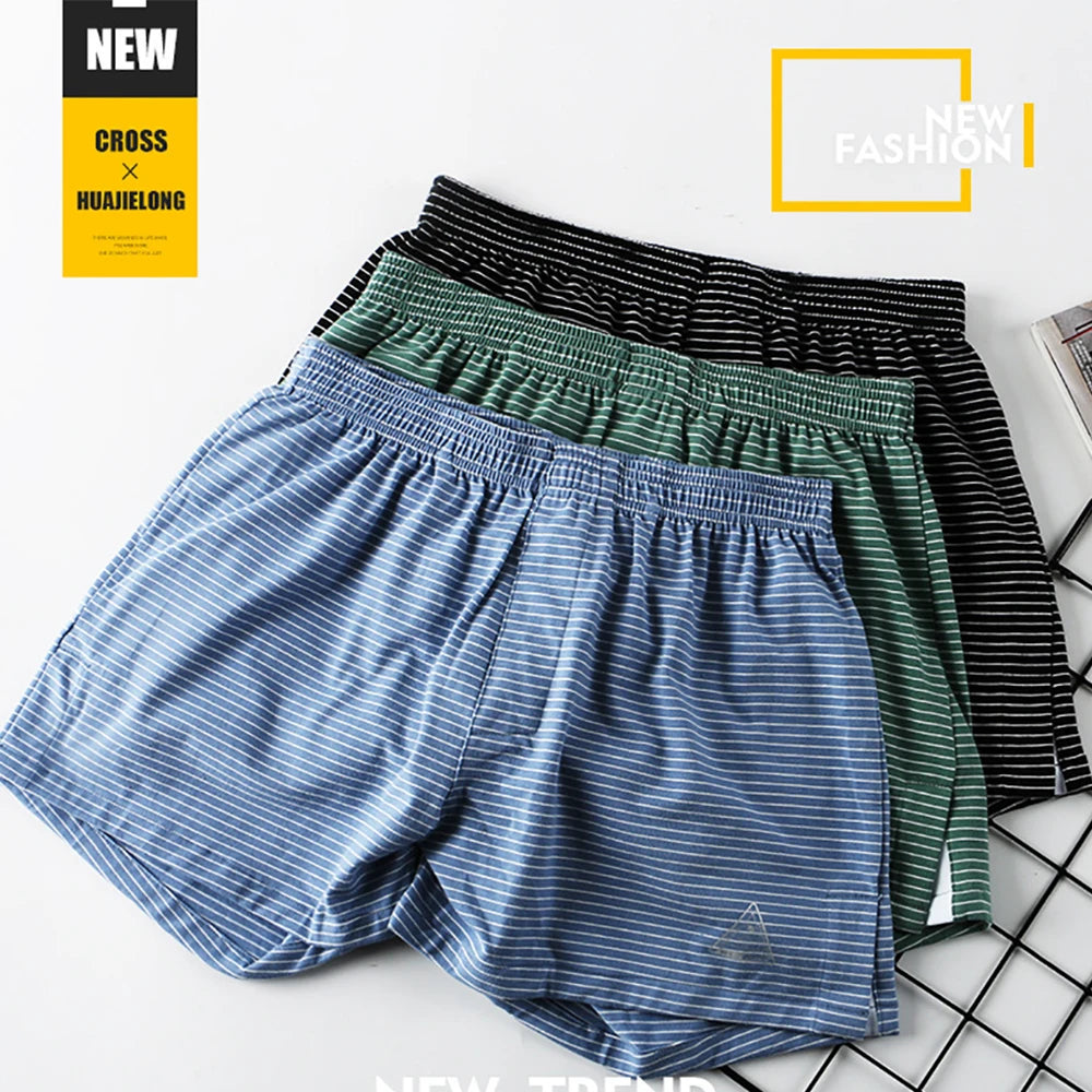 Men's Striped Elastic Waist Boxer Style Sleep Shorts