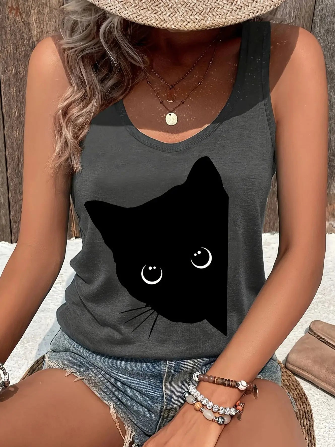 Women's Printed Polyester Tank Top with Round Neck and Relaxed Sleeveless Cut