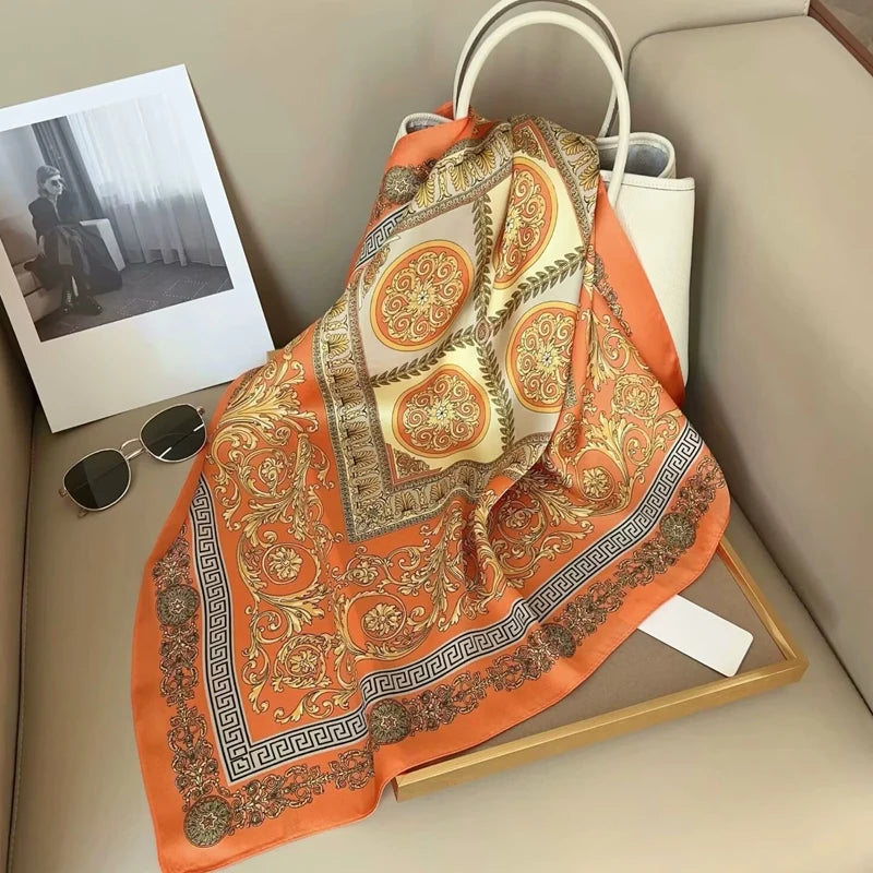 Ornate Print Square Scarf with Decorative Border Design