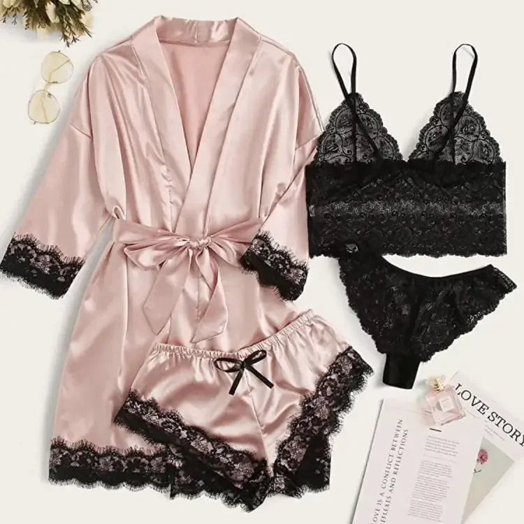 Women's Lace Trim Four Piece Pajama Set with Robe and Shorts