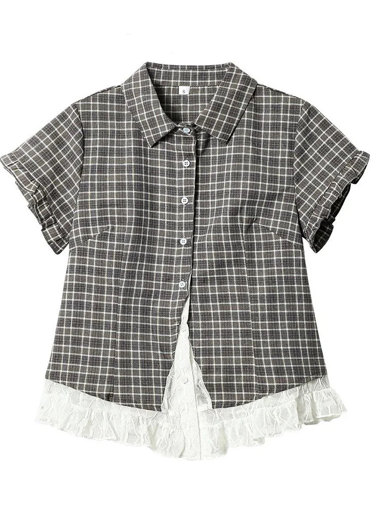 Women's Checked Lace Detail Collared Shirt