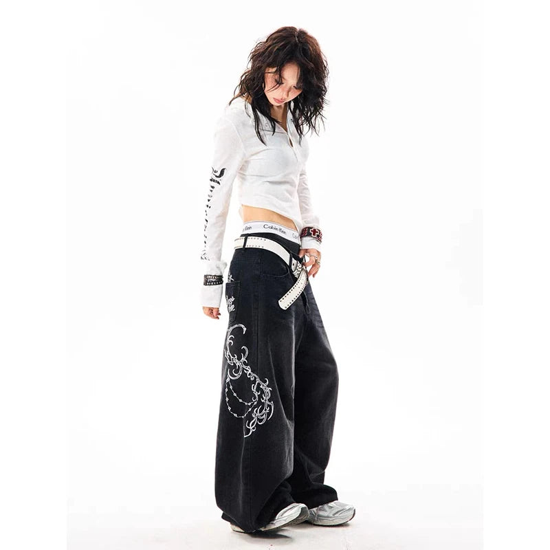 Women's Black Graphic Wide Leg Denim Jeans For Everyday Outfits