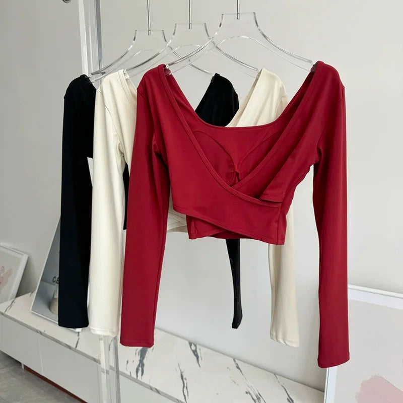 Women's Open Cross Back Long Sleeve Crop Top