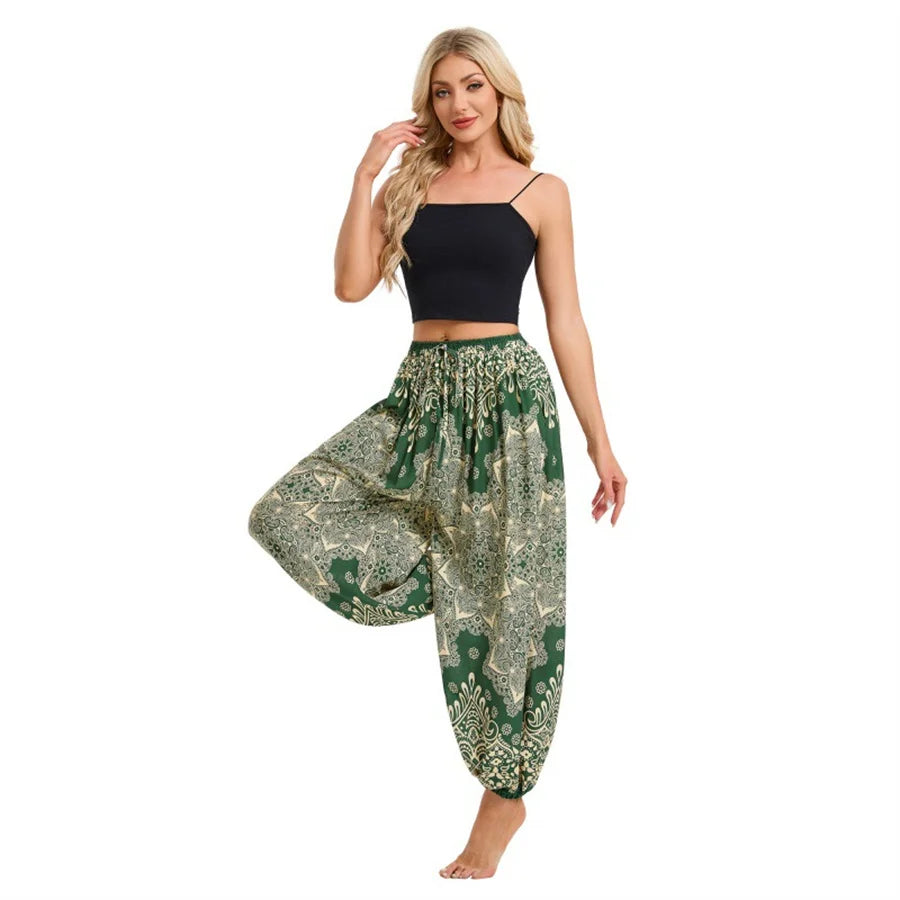 Women's Printed Rayon Harem Pants with Elastic Waist and Loose Gathered Legs