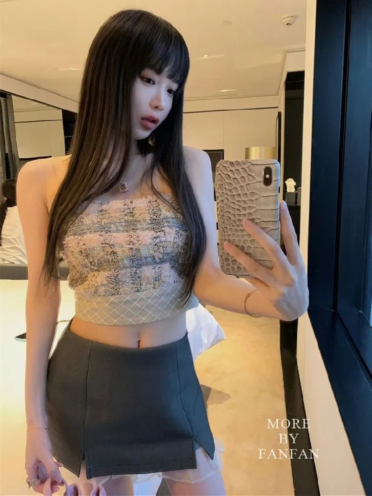 Women's Plaid Cotton Blend Tube Crop Top with Strapless Fitted Shape