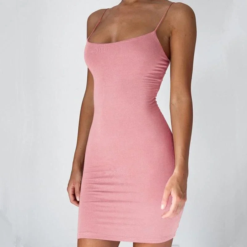 Women's Fitted Scoop Neck Spaghetti Strap Mini Dress For Casual Outfits