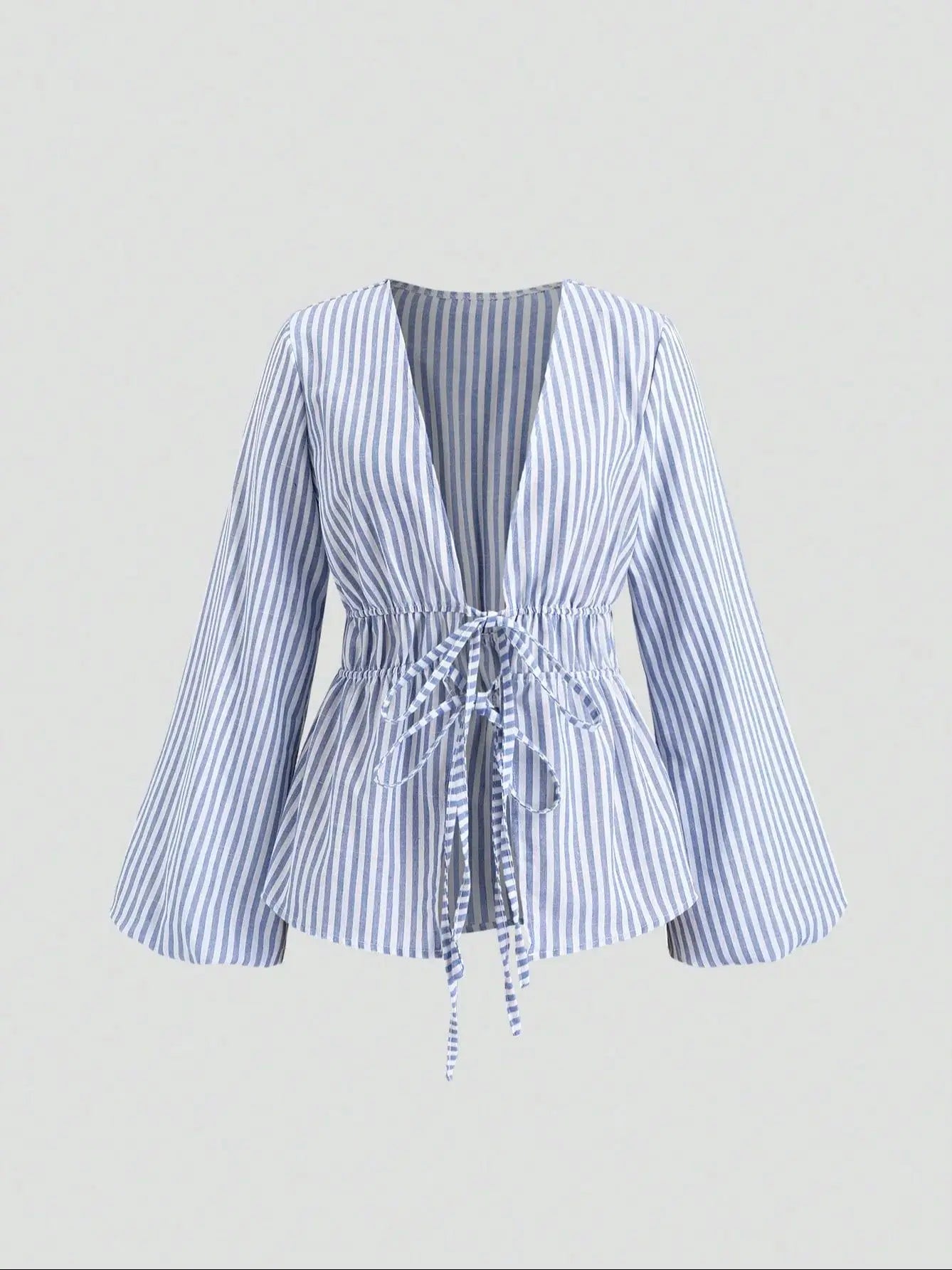 Women's Striped Wrap Blouse with Back Tie and Wide Sleeves