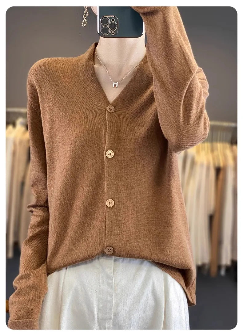 Light luxury retro style! V-neck pure cashmere knit cardigan women's autumn and winter loose wool top bottom sweater coat