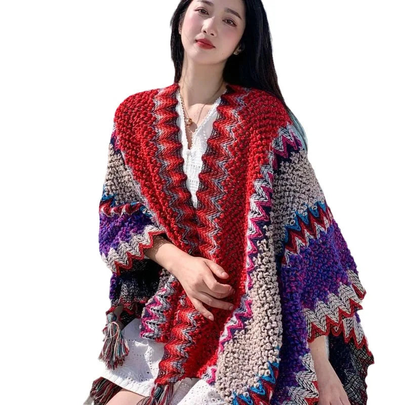 Zigzag Knit Fringe Poncho for Layering over Outfits