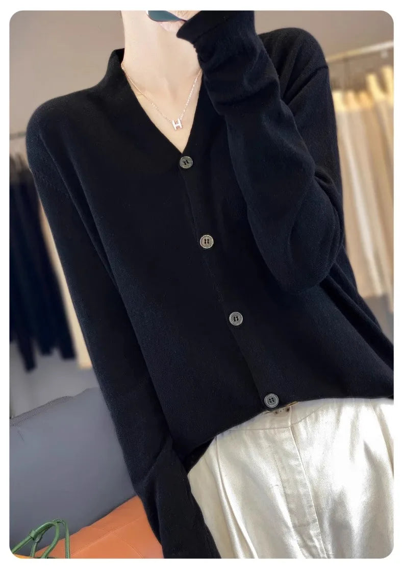 Light luxury retro style! V-neck pure cashmere knit cardigan women's autumn and winter loose wool top bottom sweater coat