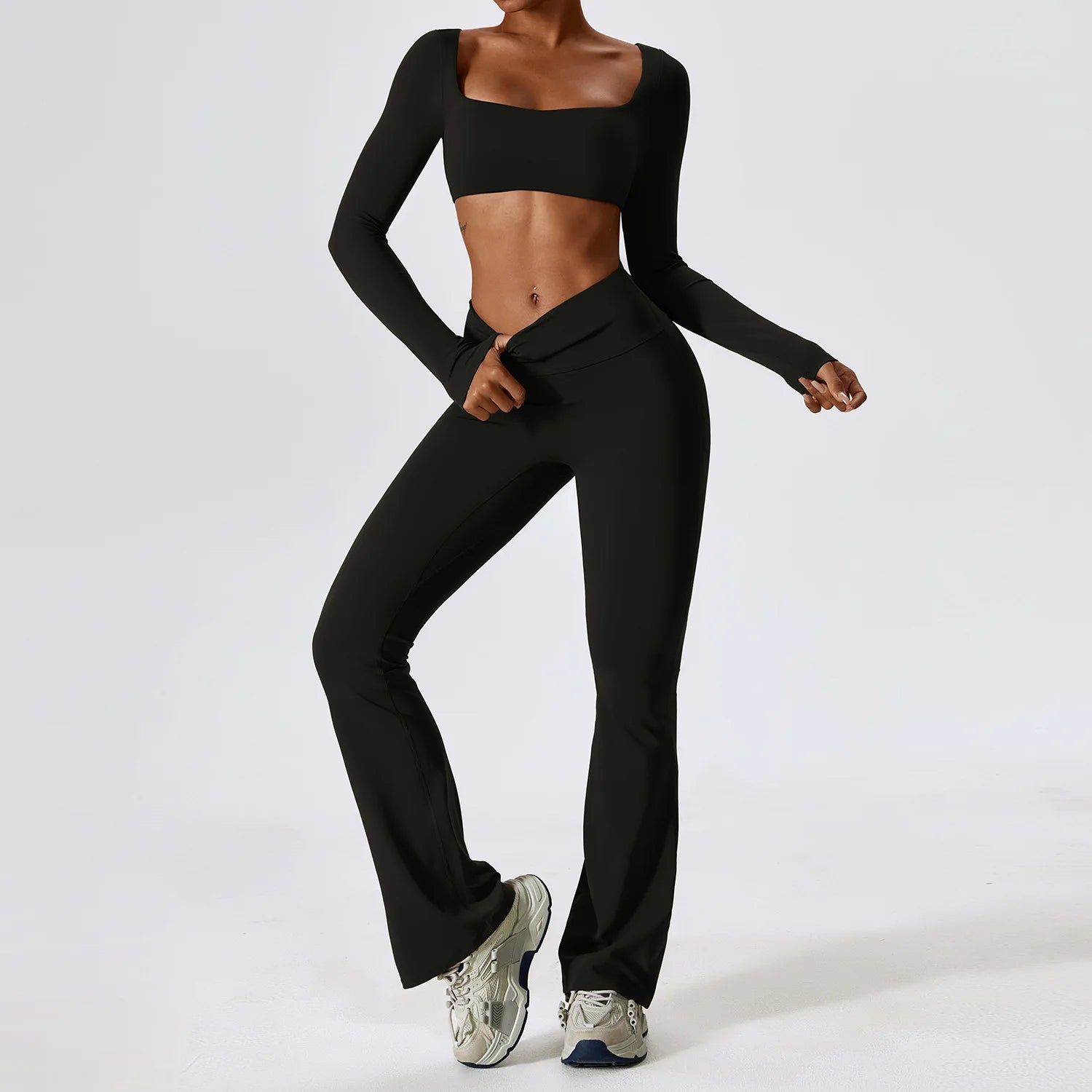 Women's Crop Top Sleeve Layer And Flared Pants Yoga Set