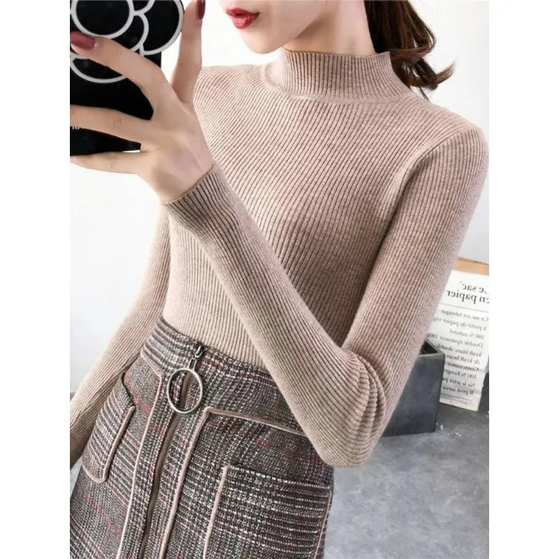 Women's Plain Roll Neck Long Sleeve Sweater Casual Knit Layer